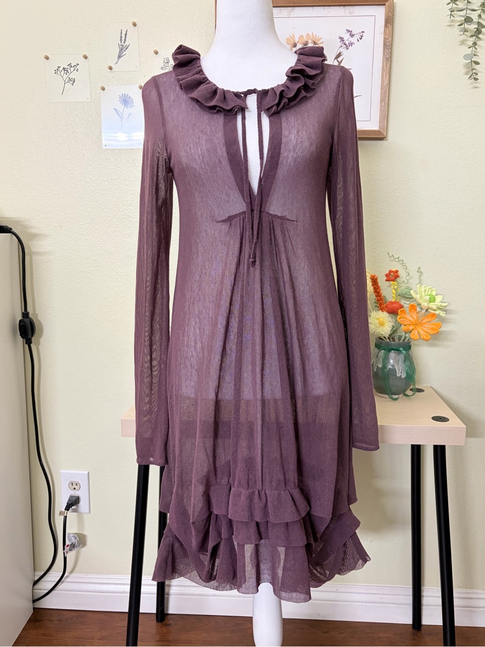 Cop.Copine Eluard Robe Dusty Plum Sheer Mesh Fairy Grunge Ruffle Tunic Dress